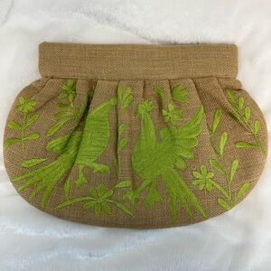 Moyna Tan woven Clutch with Green bird Embroidery bag